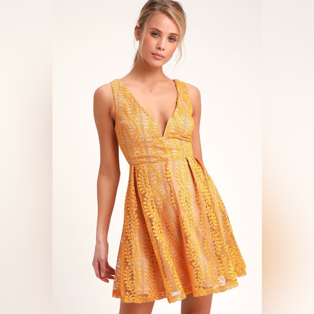 NWT Lulu’s All of My Heart Mustard Yellow Lace Skater Dress - Picture 2 of 7